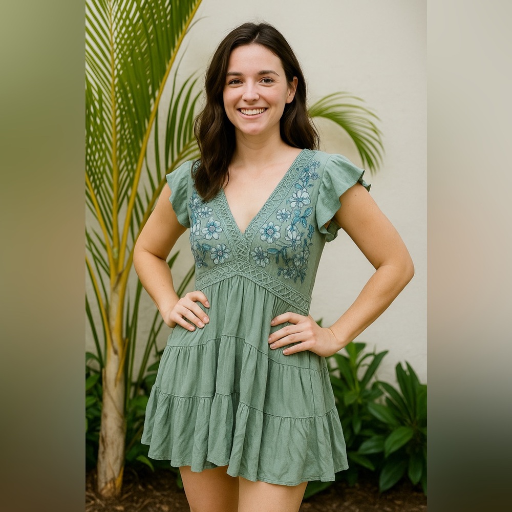 Green Floral Embroidered Mini Dress Medium‎